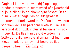Tekstvak: Orgineel item voor uw bedrijfsopening, productpresentatie, feestavond of bijvoorbeeld prijsuitreiking is de champagneflesact.Deze ruim 6 meter hoge fles op elk gewenst moment ontkurkt worden. De fles kan worden voorzien van een persoonlijk etiket. Geheel verzorgd door ESL inclusief ballonnen is ook mogelijk. De fles kan gevuld worden met 250/450&nbsp; ballonnen die allemaal het luchtruim kiezen nadat u d.m.v. het koord de fles geopend heeft. (Zie filmpje)
&nbsp;
&nbsp;
